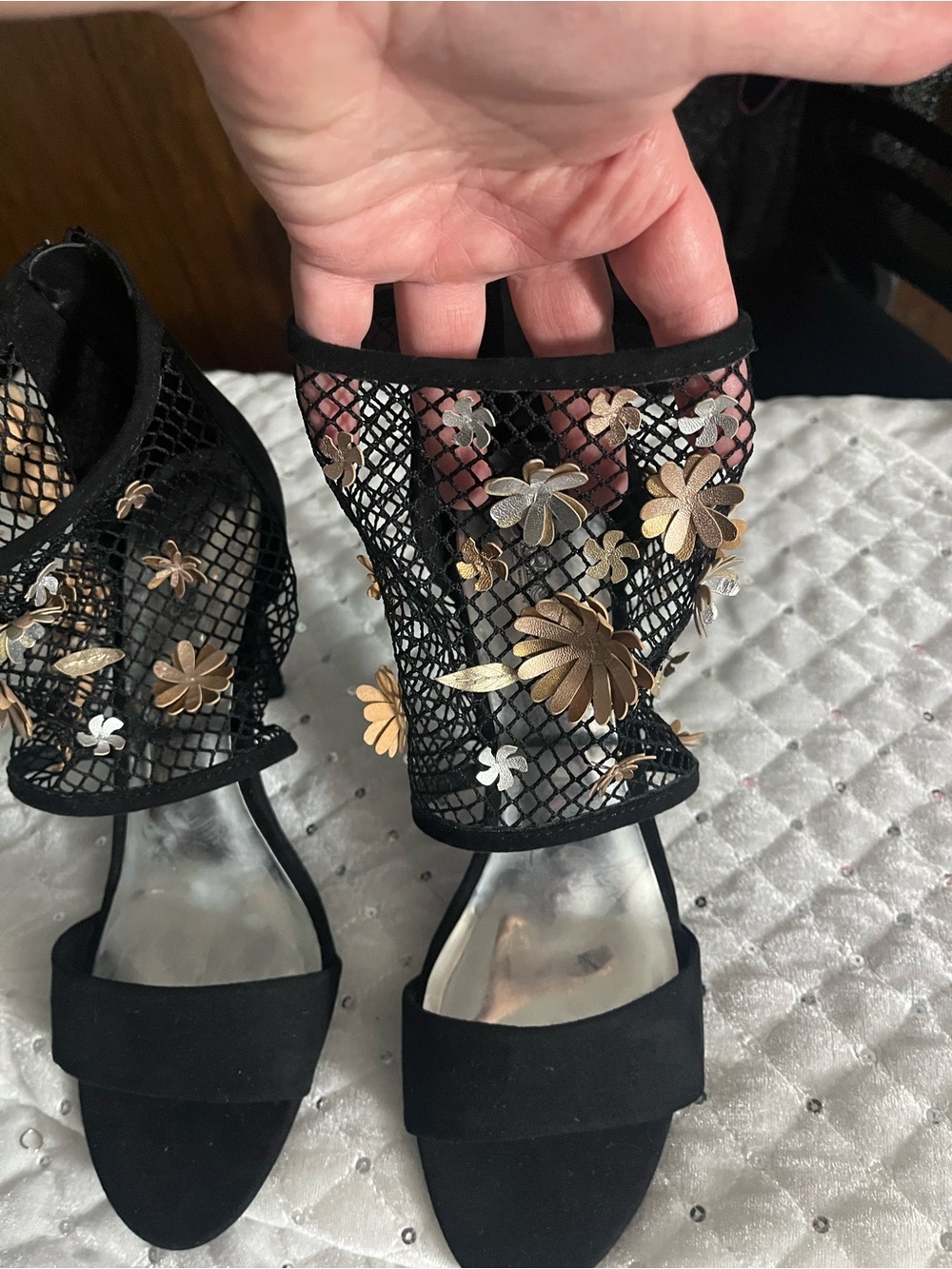 Carlos by Carlos Santana Black Mesh Heels with Gold & Silver Floral Accents
